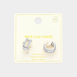 White Gold Dipped CZ Stone Paved H Huggie Hoop Earrings