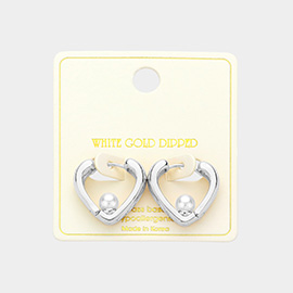 White Gold Dipped Love Pearl Huggie Earrings
