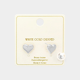 White Gold Dipped Matte Heart To Pearl Peekaboo Earrings