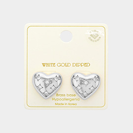 White Gold Dipped CZ Stone Paved Puffy Heart Stud Earrings