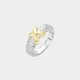 Two Tone CZ Stone Paved Crisscross Ring
