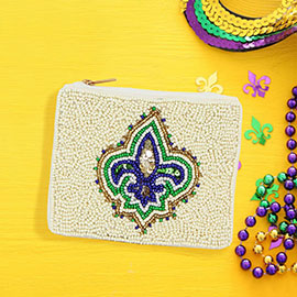 Fleur De Lis Mardi Gras Seed Beaded Mini Pouch Bag