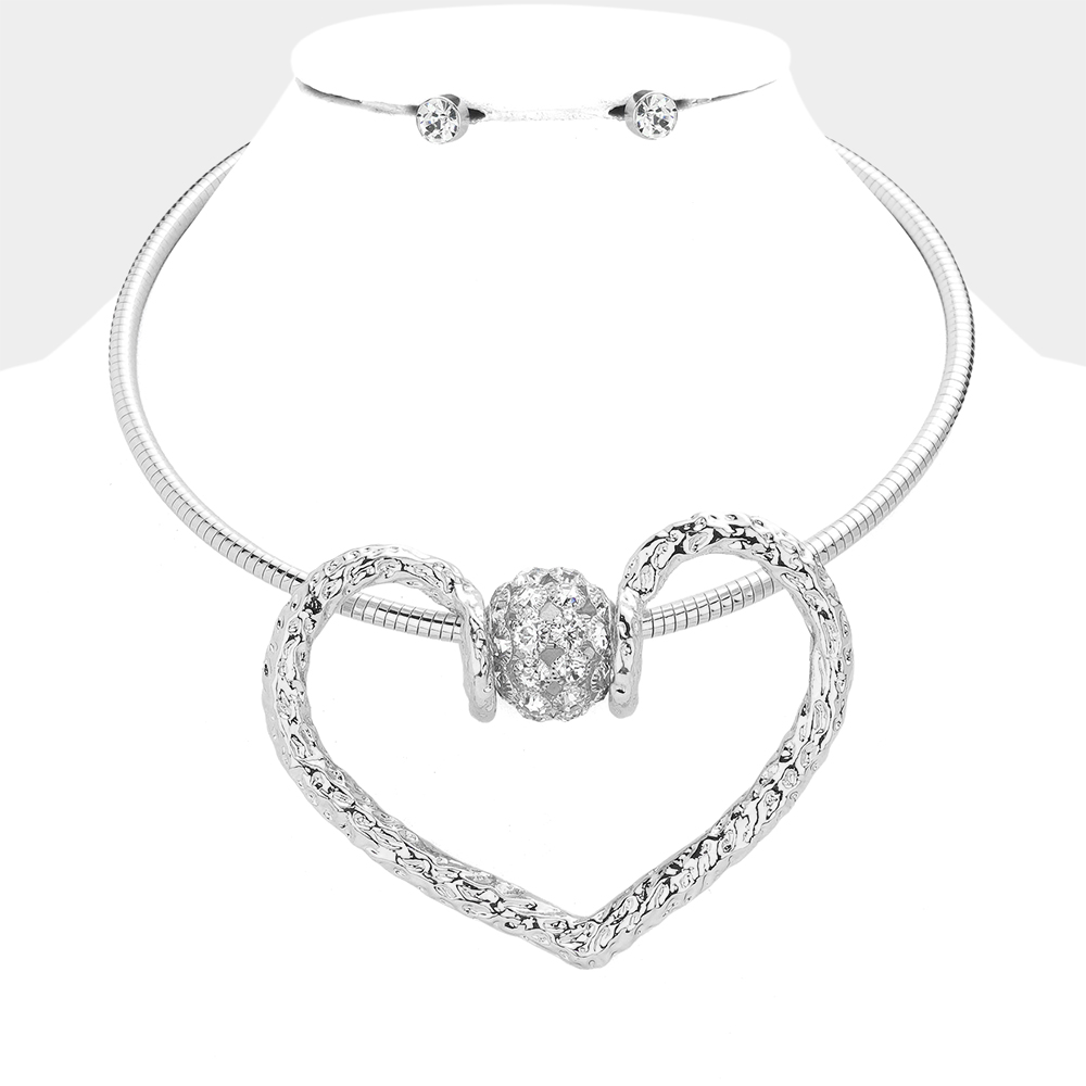 Rhinestone Paved Oversized Heart Pendant Choker Necklace