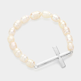 Metal Cross Pearl Stretch Bracelet