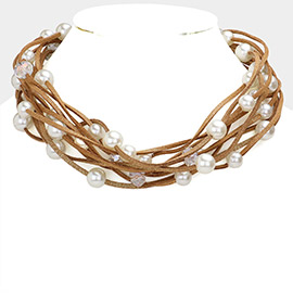Pearl Faux Suede Multi Layered Necklace