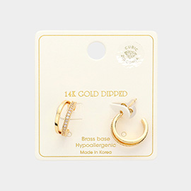 14K Gold Dipped CZ Stone Paved Split Metal Hoop Earrings