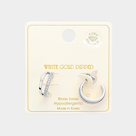 White Gold Dipped CZ Stone Paved Split Metal Hoop Earrings