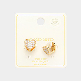 14K Gold Dipped CZ Stone Paved Heart Huggie Earrings