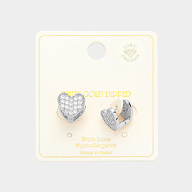 White Gold Dipped CZ Stone Paved Heart Huggie Earrings