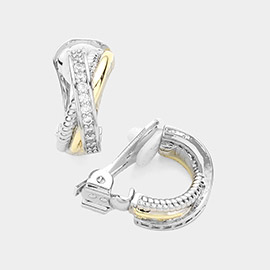 14K Gold Plated CZ Stone Paved Two Tone Crisscross Clip On Earrings