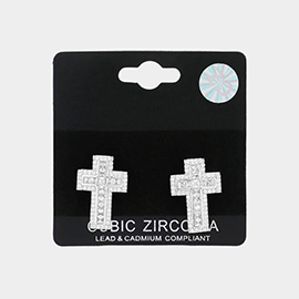 CZ Stone Paved Cross Stud Earrings