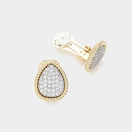 14K Gold Plated CZ Stone Paved Teardrop Clip On Earrings