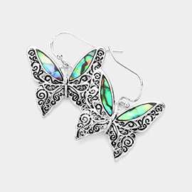 Antique Metal Abalone Butterfly Dangle Earrings