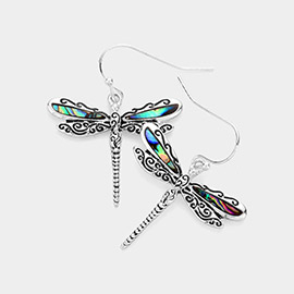 Antique Metal Abalone Dragonfly Dangle Earrings