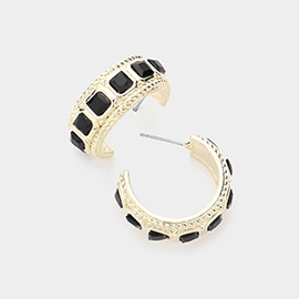 14K Gold Plated Square Natural Stone Accented Hoop Earrings
