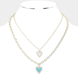 Mother of Pearl Turquoise Heart Charm Layered Necklace