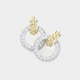 14K Gold Plated CZ Stone Paved Two Tone Open Circle Earrings