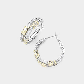 14K Gold Plated CZ Stone Paved Two Tone Crisscross Hoop Earrings