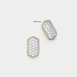 14K Gold Plated CZ Stone Paved Hexagon Stud Earrings
