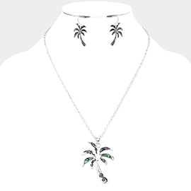 Antique Metal Abalone Palm Tree Pendant Necklace