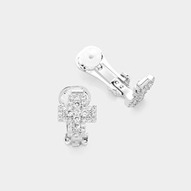 14K Gold Plated CZ Stone Paved Cross Clip On Earrings