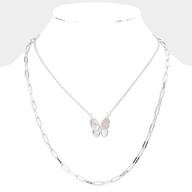 Mother Of Pearl Butterfly Pendant Double Layered Necklace