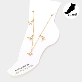 CZ Stone Pointed Brass Metal Open Butterfly Station Anklet