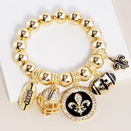 Fleur de Lis Football Theme Charms Metal Ball Stretch Bracelet