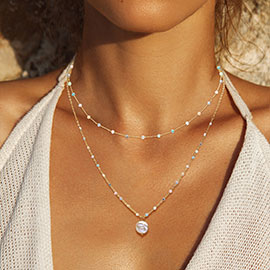 Pearl Pendant Faceted Beads Station Double Layered Necklace