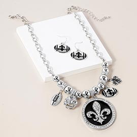 Fleur de Lis Football Theme Charms Metal Chain Necklace