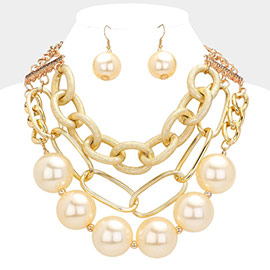 Chunky Pearl Metal Chain Layered Statement Necklace