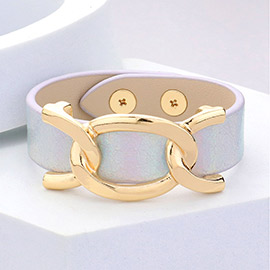 Faux Sparkle Leather Metal Link Accented Snap Bracelet