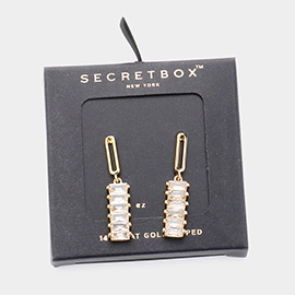 SECRET BOX_14K Gold Dipped Baguette CZ Stone Accented Dangle Earrings