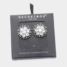 SECRET BOX_Sterling Silver Dipped Round CZ Stone Pointed Flower Stud Earrings