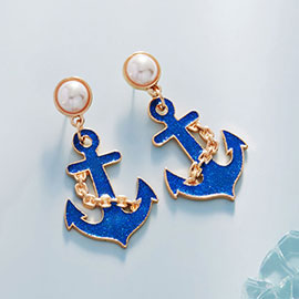 Pearl Pointed Enamel Anchor Dangle Earrings