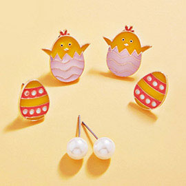3PAIRS - Easter Chick Egg Pearl Stud Earrings Set