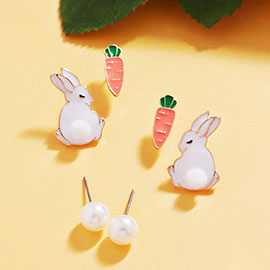 3PAIRS - Easter Bunny Carrot Pearl Stud Earrings Set