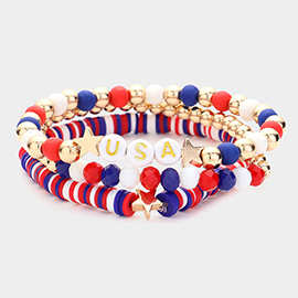 3PCS - American USA Message Beaded Stretch Multi Layered Bracelets