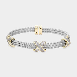 CZ Stone Paved Crisscross Pointed Two Tone Textured Cuff Bracelet