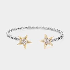 Stone Paved Star Tip Twisted Metal Cuff Bracelet