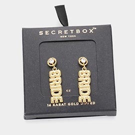 SECRET BOX_14K Gold Dipped CZ Stone Paved BRIDE Message Stud Earrings
