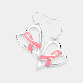Enamel Pink Ribbon Pointed Cutout Heart Dangle Earrings