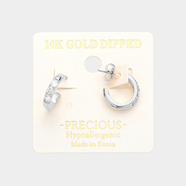 14K White Gold Dipped Hypoallergenic Triple Stone Pointed Metal Hoop Earrings