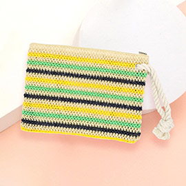 Rope Handle Multi Color Striped Straw Crochet Pouch Bag