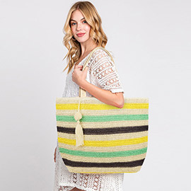 Pom Pom Tassel Multi Color Striped Straw Crochet Tote Bag