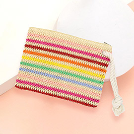 Rope Handle Multi Color Striped Straw Crochet Pouch Bag