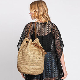 Solid Crochet Straw Backpack With Drawstring