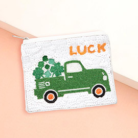LUCKY Message Sequin St Patricks Day Clover Truck Beaded Mini Pouch Bag