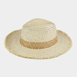 Chevron Band Frayed Two Tone Straw Sun Hat