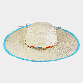 Colored Frayed Floppy Straw Hat With Multi Bands